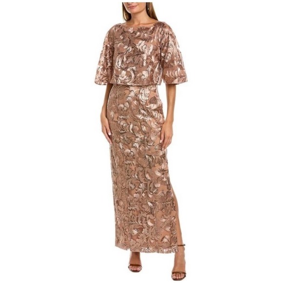 JS Collections Evalina Column Gown Boat Neck Mink Women's Size 4 NWT - Picture 2 of 12